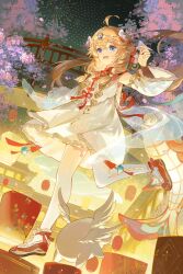  1girl a-soul ahoge architecture blue_eyes brown_hair chinese_clothes detached_sleeves diana_(a-soul) east_asian_architecture forehead_jewel hair_between_eyes hair_ornament hanfu highres jumping low-tied_sidelocks open_mouth petals sidelocks smile solo tassel thigh-highs white_hanfu 
