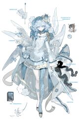  1girl 1other asymmetrical_legwear blue_hair blue_theme check_flower chibi crown dress drill_hair flower flower_request full_body hair_between_eyes hairband highres holding holding_quill holding_sword holding_weapon layered_dress long_hair long_sleeves mini_crown mismatched_legwear multiple_wings musical_note original quill sheet_music single_leg_pantyhose solo solo_focus square_neckline sword vihua6 weapon white_background wings 