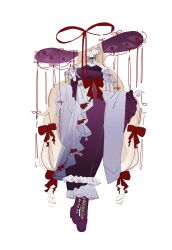  1girl alternate_costume blonde_hair boots commentary dress frills full_body gap_(touhou) glasses gloves hair_ribbon hat hat_ribbon highres long_hair one_eye_covered puffy_sleeves purple_boots purple_dress red_eyes red_ribbon ribbon round_eyewear solo touhou very_long_hair violet_eyes white_gloves yakumo_yukari zenritsu 