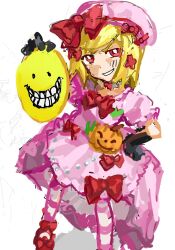  beret black_gloves blonde_hair bow commentary dress elbow_gloves emoji english_commentary frilled_dress frills full_body gem gloves hand_on_own_hip hat highres holding jack-o'-lantern jewelry lambdadelta mary_janes necklace pearl pearl_necklace pink_dress pink_hat puffy_sleeves pumpkin red_bow red_eyes red_shoes shoes sketch socks standing striped_clothes striped_socks umineko_no_naku_koro_ni verity_(series) verity_(thatmob) 
