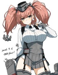  1girl absurdres anchor_hair_ornament atlanta_(kancolle) bigkwl black_garter_straps black_hat breasts brown_hair commentary_request dress_shirt earrings garrison_cap garter_straps gloves grey_eyes grey_gloves grey_skirt hair_ornament hat high-waist_skirt highres jewelry kantai_collection large_breasts long_hair long_sleeves multicolored_gloves partially_fingerless_gloves rigging shirt single_earring skirt solo star_(symbol) star_earrings suspender_skirt suspenders thigh_strap two-tone_gloves two_side_up white_gloves white_shirt 
