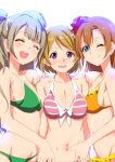  3girls bikini blue_eyes blush bow brown_eyes brown_hair clearite hair_bow hand_on_shoulder highres hoshizora_rin kousaka_honoka long_hair looking_at_viewer love_live!_school_idol_project minami_kotori multiple_girls navel orange_hair short_hair side_ponytail smile swimsuit wink yellow_eyes 