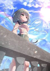 1girl absurdres blue_sky breasts clouds commentary_request dfra disembodied_linked_eye eyeball frilled_shirt_collar frills from_below green_eyes green_hair green_skirt highres komeiji_koishi lens_flare medium_hair missing_headwear outdoors railing shirt skirt sky solo standing string sun touhou yellow_shirt 