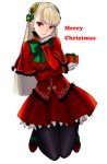  1girl alternate_color black_legwear blonde_hair box capcom_fighting_jam capelet chin_rest christmas collar gift gift_box gloves hairpods highres ingrid kimuchi long_hair merry_christmas pantyhose red_eyes skirt solo white_gloves 