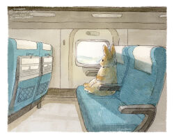  absurdres animal animal_ears animal_focus arm_rest berry_jou chair colored_pencil colored_pencil_(medium) commentary_request highres looking_outside no_humans on_chair original painting_(medium) pencil rabbit rabbit_ears signature sitting traditional_media train train_interior watercolor_(medium) 