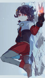  1boy ander_(puyopuyo) andersen's_fairy_tales black_gloves black_hair black_vest braid brown_shoes cape closed_mouth cold commentary_request curly_hair empty_eyes fire from_side full_body gloves grey_pantyhose hand_on_own_stomach highres holding holding_matchstick knees_up little_match_girl looking_at_object looking_to_the_side lying male_focus matchstick mole mole_under_eye on_back on_ground open_clothes open_vest outdoors pale_skin pantyhose puyopuyo puyopuyo_quest red_eyes red_tunic shoes short_hair sideways single_braid snow snowing solo tunic urolo vest white_cape 