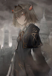  1girl absurdres black_capelet bob_cut capelet cokei commentary dot_nose hair_between_eyes highres horns long_hair long_sleeves looking_at_viewer open_mouth original outdoors solo 