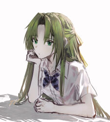  1girl absurdres cokei collarbone collared_shirt commentary_request dot_nose green_eyes green_hair highres higurashi_no_naku_koro_ni long_hair shirt short_sleeves simple_background solo sonozaki_shion white_shirt 