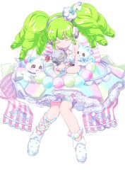  1girl animal_on_head anklet bird blue_dress bracelet cat closed_eyes closed_mouth collar colored_eyelashes commentary detached_collar dress duck falulu falulu's_non full_body green_dress green_hair headphones highres hugging_object jewelry long_hair multicolored_dress on_head pink_dress pretty_series pripara rabbit shoes sidelocks solo strapless strapless_dress untranslatable_commentary white_collar white_shoes white_wrist_cuffs wrist_cuffs yadehi 