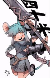  1girl :d animal_ears black_gloves blue_hair braid chinese_zodiac commentary_request dress duck_k fingerless_gloves fingernails gauntlets gloves gradient_hair grey_dress grey_hair highres holding holding_weapon huge_weapon jumping long_hair looking_at_viewer mouse_ears mouse_girl mouse_tail multicolored_hair open_mouth orange_eyes original polearm simple_background smile socks solo sword tail teeth upper_teeth_only vambraces very_long_hair weapon white_background white_socks year_of_the_rat 