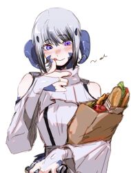  1girl apple au_ra bag baguette bare_shoulders blue_horns blue_scales blush bread closed_mouth clothing_cutout commentary dragon_girl dragon_horns elbow_carry final_fantasy final_fantasy_xiv food fruit groceries grocery_bag highres holding holding_bag horn_ornament horn_ring horns licking_lips long_sleeves moth_ram musical_note original paper_bag scales shopping_bag short_hair shoulder_cutout simple_background sketch smile solo thumb_to_mouth tongue tongue_out untranslatable_commentary upper_body violet_eyes warrior_of_light_(ff14) white_background white_hair 
