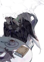  1girl absurdres arms_on_table black_capelet book bug butterfly butterfly_on_hand capelet chair closed_eyes closed_mouth colored_eyelashes commentary covered_face cup dress echidna_(re:zero) from_above gazamao_2if4au glowing_butterfly hair_ornament hands_up highres layered_clothes layered_dress long_hair long_sleeves parasol re:zero_kara_hajimeru_isekai_seikatsu saucer sidelocks sitting smile solo spoon table tea teacup teapot umbrella untranslatable_commentary very_long_hair white_background white_eyelashes white_hair wide_sleeves 