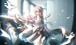  1girl arcaea backrooms_(creepypasta) bird bow carnation closed_mouth collar cowboy_shot detached_collar detached_wings dove dream_pool dress dress_bow flower hair_between_eyes hair_bow highres hikari_(arcaea) hikari_(fatalis)_(arcaea) long_hair long_sleeves looking_at_viewer mechanical_wings pink_bow pink_carnation pink_flower pink_hair red_eyes solo tslhn_e white_collar white_dress wings 