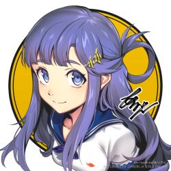  1girl arikanrobo asari_nanami blue_eyes blue_hair commentary_request fish_hair_ornament hair_ornament hair_rings highres idolmaster idolmaster_cinderella_girls long_hair looking_at_viewer sailor_collar school_uniform serafuku single_hair_ring smile solo upper_body 