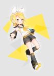  1girl belt blonde_hair blue_eyes boots bow detached_sleeves hair_bow hair_ornament hairclip headset kagamine_rin knee_boots looking_at_viewer mnmktn sailor_collar shorts smile vocaloid 