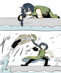  1boy 1other ahoge avogado6 blue_eyes blue_hair braid brown_coat brown_eyes calogado chinese_clothes coat commentary eating_hair fishing glasses headgear highres keine_ron mole ocean single_braid translated utau 