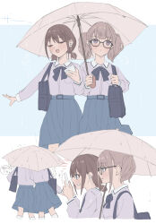  2girls absurdres bag blue_bow blue_bowtie blue_shirt blue_skirt blush bow bowtie brown_hair cellphone closed_eyes commentary earphones girls_band_cry glasses grey_hair grey_umbrella highres hina_(girls_band_cry) holding holding_phone holding_umbrella iseri_nina long_sleeves low_twintails multiple_girls open_mouth phone rain school_bag shared_earphones shared_umbrella shirt shirt_tucked_in short_hair short_twintails shoulder_bag skirt smartphone twintails umbrella umirororo untranslatable_commentary violet_eyes 