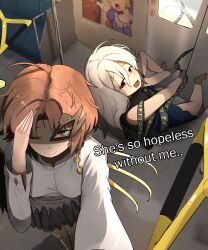  :d absurdres barefoot black_shirt blonde_hair blue_skirt brown_hair closed_mouth cloudykeyz dress english_text hair_between_eyes half_mask hand_on_own_face highres iwanaga_ariya long_bangs long_hair long_sleeves looking_at_viewer mask one_eye_closed open_mouth parted_bangs partially_shaded_face pointing poster_(object) purple_dress red_eyes sash shirt short_hair skeletal_wings skirt sleeveless sleeveless_shirt smile touhou train_interior white_hair white_shirt wings yakumo_yukari yuiman_asama 