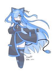  1girl animal_ears blue_eyes blue_hair cable cable_tail cat_ears closed_mouth coat commentary_request cropped_legs detached_sleeves electric_plug electric_plug_tail feet_out_of_frame fingerless_gloves fish_skeleton_earrings fish_skeleton_print gloves hair_over_one_eye highres long_hair long_sleeves looking_at_viewer mechanical_tail nekotuka_b one_eye_covered print_thighhighs simple_background sleeveless sleeveless_coat smile solo standing tail tanuzaka thigh-highs very_long_hair voicevox white_background 