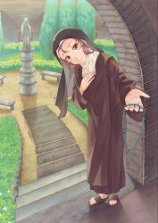  1girl an_dres_art bench black_robe character_request commentary_request copyright_request courtyard day fingernails full_body hand_on_own_chest highres holding_rosary incoming_gift leaning_forward long_hair long_sleeves looking_at_viewer monastery nun original robe sandals smile solo stairs standing statue toenails yellow_eyes 