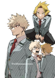  2boys adam's_apple adjusting_another's_clothes bakugou_katsuki belt belt_buckle black_pants black_streaks blazer blonde_hair boku_no_hero_academia buckle buttoned_cuffs buttons closed_mouth clothes_grab collared_shirt commentary_request curtained_hair dkyoudai double_horizontal_stripe grey_jacket hair_between_eyes hands_up hatching_(texture) highres jacket kaminari_denki lapels linear_hatching long_sleeves looking_ahead looking_at_another looking_at_hand looking_at_viewer looking_down looking_up male_focus multicolored_hair multiple_boys multiple_expressions multiple_views necktie necktie_grab neckwear_grab notched_lapels open_clothes open_jacket open_mouth pants parted_bangs partial_commentary partially_open_jacket partially_unbuttoned plain_epaulettes pocket profile red_eyes red_necktie sanpaku scar scar_on_face school_uniform shirt short_eyebrows short_hair short_sideburns sideburns sideways_mouth simple_background sitting sketch smile spiky_hair split_mouth streaked_hair tsurime twitter_username u.a._school_uniform unbuttoned white_background white_shirt wing_collar yellow_eyes 