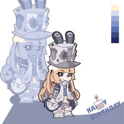  1girl blonde_hair blue_jacket chibi chibi_only full_body grey_hat grey_helmet happy_birthday hat helmet highres jacket large_hat long_hair norma_hollowell shako_cap smile solo violet_eyes washan zenless_zone_zero 