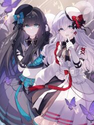  2girls :d absurdres arcaea bare_shoulders beret black_gloves black_hair black_hat blue_bow blue_eyes bow bug butterfly closed_mouth commentary_request crop_top cross-laced_clothes cross-laced_sleeves crossed_bangs dress frilled_dress frills gloves hair_between_eyes half-skirt hat hat_bow highres hikari_(arcaea) hikari_(breakthrough)_(arcaea) layered_dress long_hair looking_at_viewer mai_(ayamai2017) midriff multiple_girls open_mouth overskirt pleated_dress pleated_skirt purple_butterfly red_bow skirt smile stomach tairitsu_(arcaea) tairitsu_(breakthrough)_(arcaea) white_dress white_gloves white_hair white_hat 