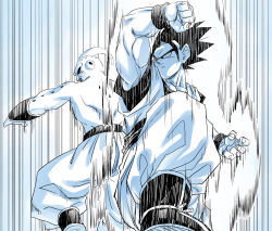  amayuki318 arm_up aura baggy_pants biceps black_hair black_sclera boots clenched_hand collarbone colored_sclera commentary_request dougi dragon_ball dragon_ball_(classic) duel fighting fighting_stance flying head_tail highres hole_on_body looking_at_another looking_back majin_buu martial_arts_belt motion_lines muscular muscular_male pants partially_colored serious short_hair son_gohan spiky_hair super_buu surprised thick_eyebrows thick_neck topless_male undershirt wristband 