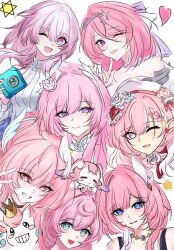  6+girls :o ;o aemeath_(wuthering_waves) aqua_eyes blue_eyes camera chinese_commentary color_connection commentary_request company_connection cross-shaped_pupils cyrene_(demiurge)_(honkai:_star_rail) cyrene_(honkai:_star_rail) cyrene_(philia093)_(honkai:_star_rail) diamond-shaped_pupils diamond_(shape) earrings elf elysia_(hi_love_elf)_(honkai_impact) elysia_(honkai_impact) hair_color_connection heart heart_earrings highres holding holding_camera honkai:_star_rail honkai_(series) honkai_impact_3rd hyacine_(honkai:_star_rail) inoue_marina jewelry little_ica_(honkai:_star_rail) long_hair march_7th_(honkai:_star_rail) march_7th_(preservation)_(honkai:_star_rail) mem_(honkai:_star_rail) mihoyo multicolored_eyes multicolored_hair multiple_girls multiple_persona one_eye_closed pegasus pink_hair pointy_ears red_eyes remielle_dan si_ye_chong smile sweater symbol-shaped_pupils turtleneck turtleneck_sweater two-tone_eyes two-tone_hair very_long_hair violet_eyes voice_actor_connection white_hair white_sweater wuthering_waves yanning zenless_zone_zero 