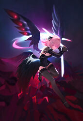  1girl abstract abstract_background absurdres bang bare_shoulders black_bow black_dress black_shoes black_sleeves black_thighhighs black_wings blue_background blush bow breasts colorful colorful_background commentary covered_eyes detached_wings dress expressionless feathered_wings full_body garter_belt garter_straps glowing glowing_eyes glowing_sword glowing_weapon hair_bow high_heels highres holding holding_sword holding_weapon lace-trimmed_thighhighs lace_trim large_breasts long_sleeves looking_at_viewer mechanical_wings medium_hair pink_eyes pink_hair pointy_ears print_thighhighs red_background remielle_dan remielle_dan_(moonlight_whispers) ribbon-trimmed_thighhighs ribbon_trim rock shoes skirt smile solo stiletto_heels strap striped_clothes striped_thighhighs sword thigh-highs thigh_strap thighs weapon wings xshishio zenless_zone_zero zettai_ryouiki 