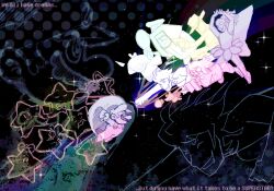  2girls 2others 4boys 7_colored_flowers_(deltarune) animal_ears aqua_(deltarune) ballerina bandana blue_(deltarune) bow boxing_gloves cape chef_hat closed_eyes colored_skin commentary covered_eyes cowboy cowboy_hat crossover deltarune dress eldstar english_commentary english_text facial_hair floating_hair floral_background flower flowery_(deltarune) glasses gloves glowing green_(deltarune) gun hair_bow hat highres holding holding_gun holding_weapon kalmar klevar knife long_hair mamar mario misstar mouse_(animal) mouse_ears multiple_boys multiple_girls multiple_others muskular mustache nakaue_shigehisa_(style) octigone omega_flowery open_mouth orange_(deltarune) outline overalls paper_mario_(series) parody seth_(deltarune) shirt shoes short_hair skirt skolar sky sleeves_past_fingers sleeves_past_wrists smile star_(sky) star_spirits starry_sky style_parody super_mario_bros. super_mario_world tail teeth tutu utdr_(toby_fox) weapon yellow_(deltarune) 
