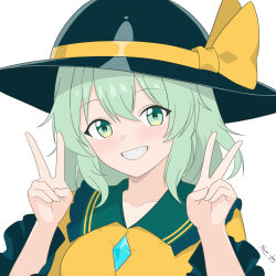  1girl bow buttons collared_shirt commentary_request diamond_button disembodied_linked_eye double_v eyeball frilled_shirt_collar frilled_sleeves frills green_eyes green_hair green_hat grin hat hat_bow highres komeiji_koishi long_sleeves looking_at_viewer naomi-chan shirt signature simple_background smile solo touhou touhou_22nd_popularity_poll upper_body v white_background wide_sleeves yellow_bow yellow_shirt 