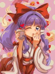  :p ;p bow cake commentary_request cupcake food food_on_face fruit hair_bow hair_tubes hakurei_reimu hakurei_reimu_(pc-98) heart highres holding holding_food japanese_clothes kimono long_hair long_sleeves looking_at_viewer matsukuzu one_eye_closed pastry_bag pink_background purple_hair red_bow red_hair strawberry strawberry_shortcake tongue tongue_out touhou touhou_(pc-98) violet_eyes whipped_cream white_kimono wide_sleeves 