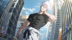  1boy abs blue_eyes blue_sky building city cityscape closed_mouth gojo_satoru highres jujutsu_kaisen multiple_scars muscular muscular_male n3croart outdoors pectorals scar scar_on_arm scar_on_face scar_on_neck short_hair sky solo white_hair 