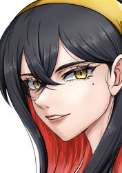  1girl absurdres black_hair carmine_(pokemon) colored_inner_hair commentary_request crossed_bangs eyelashes grin hair_behind_ear hair_between_eyes hairband highres kikyouta long_hair mole mole_under_eye multicolored_hair pokemon pokemon_scarlet_and_violet portrait simple_background smile solo white_background yellow_eyes yellow_hairband 