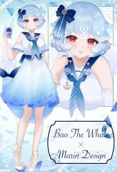  1girl animal_print bao_the_whale blue_dress blue_hair blue_sailor_collar bow cetacean_tail cup dress drinking_straw feet fins fish_print fish_tail hair_bow highres holding holding_cup indie_virtual_youtuber l_r_egi looking_at_viewer multiple_views red_eyes sailor_collar sandals short_hair smile tail tail_bow tail_ornament tongue tongue_out virtual_youtuber whale_girl 