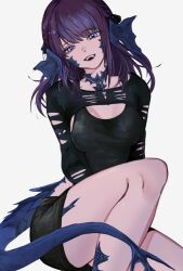  1girl au_ra black_tank_top blue_eyes blue_horns blue_scales blue_tail breasts dragon_girl dragon_horns dragon_tail final_fantasy final_fantasy_xiv horns jewelry long_hair looking_at_viewer moth_ram necklace open_mouth original scales sidelocks simple_background sitting skirt solo tail tank_top violet_eyes warrior_of_light_(ff14) white_background 