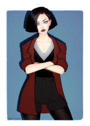  1girl absurdres black_hair black_pantyhose black_shirt black_shorts blue_background blue_eyes bob_cut closed_mouth cmapca commentary cowboy_shot crossed_arms daria ear_piercing earrings eyeliner grey_shirt helix_piercing high-waist_shorts highres jacket jane_lane jewelry layered_clothes lips lipstick looking_at_viewer makeup multiple_earrings multiple_piercings open_clothes open_jacket pantyhose piercing red_jacket red_lips sequential_piercings shirt short_hair short_sleeves shorts solo standing twitter_logo two-tone_background two-tone_shirt v-neck white_background 