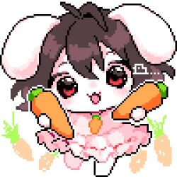  1girl ahiru_tokotoko animal_ears antenna_hair black_hair carrot carrot_necklace chibi commentary floppy_ears full_body holding holding_carrot inaba_tewi jewelry looking_at_viewer necklace open_mouth pixel_art rabbit_ears red_eyes short_hair solo touhou white_background 