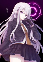  1girl absurdres black_gloves black_jacket black_ribbon black_skirt blunt_bangs blunt_ends braid closed_mouth collared_shirt cowboy_shot danganronpa:_trigger_happy_havoc danganronpa_(series) eyelashes from_below gloves hair_ribbon hand_up highres jacket kirigiri_kyoko long_hair long_sleeves looking_at_viewer miniskirt necktie open_clothes open_jacket orange_necktie pleated_skirt purple_background purple_hair ribbon ringed_eyes rrtp serious shirt side_braid sidelocks simple_background single_braid skirt solo split_mouth straight_hair translated upskirt v-shaped_eyebrows very_long_hair violet_eyes white_shirt 