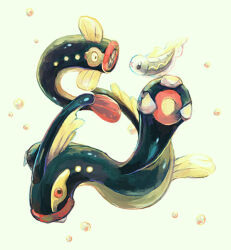  blue_skin bubble claws colored_skin eel eelektrik eelektross evolutionary_line fins googly_eyes looking_at_another multicolored_skin no_humans pokemon pokemon_(creature) red_eyes red_skin silver_skin teeth tynamo yamamura_le yellow_background yellow_skin 