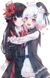  2girls :d ;) belt beret black_capelet black_choker black_coat black_hair black_hat black_shirt black_skirt capelet center_frills choker closed_mouth coat collared_coat collared_shirt commentary_request crown flower flower-trimmed_shorts flower-trimmed_sleeves frills gloves gradient_hair hair_flower hair_ornament hat hat_flower hat_ribbon heart highres hug layered_skirt long_hair long_skirt long_sleeves mahou_shoujo_no_majo_saiban mini_crown multicolored_hair multiple_girls neck_ribbon necktie nikaido_hiro one_eye_closed open_mouth opera overskirt pants pink_eyes pink_hair plaid_clothes plaid_necktie plaid_skirt pleated_skirt red_eyes red_flower red_necktie red_skirt ribbon sakuraba_ema shirt short_hair shorts side_capelet simple_background skirt sleeveless sleeveless_coat smile taguno thigh_strap white_background white_flower white_gloves white_hair white_pants white_ribbon white_shirt white_shorts white_sleeves x_hair_ornament yuri 