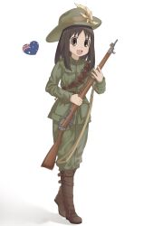  1girl ammunition_pouch an_dres_art australian_army australian_flag azumanga_daioh black_hair bolt_action boots brown_boots brown_eyes commission full_body gun hat highres holding holding_weapon kasuga_ayumu knee_boots lee-enfield light_blush long_hair military_uniform open_mouth pants pants_tucked_in pouch rifle simple_background soldier solo tongue union_jack weapon white_background world_war_ii 