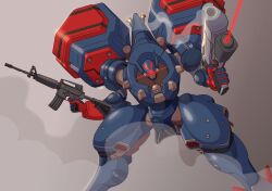  assault_rifle asymmetrical_dual_wielding commentary dated dual_wielding dust_cloud english_commentary feet_out_of_frame glowing glowing_eye grey_background gun handgun highres holding holding_gun holding_weapon janvarovich laser_sight legs_apart lens_flare looking_at_viewer mecha mecha_focus metal_wolf metal_wolf_chaos no_humans one-eyed one-eyed_mecha red_eyes rifle robot science_fiction signature smoke smoking_barrel standing weapon weapon_request 
