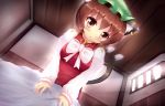  1girl :o animal_ears blanket blush bow breasts brown_eyes brown_hair cat_ears cat_tail ceiling chen dutch_angle head_tilt high_collar indoors jewelry kane-neko long_sleeves looking_at_viewer mob_cap multiple_tails single_earring solo sunbeam sunlight tail touhou vest window 