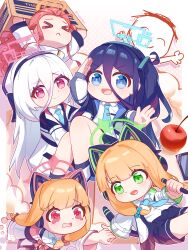  >_< 1boy 5girls :< :d @_@ \o/ absurdres afterimage animal_ear_headphones animal_ears apple aqua_bow aqua_halo aris_(blue_archive) arm_up arms_up artist_name black_bow black_hairband black_jacket black_shorts black_socks blonde_hair blue_archive blue_eyes blue_hair blue_necktie blue_pupils blunt_bangs border bow bowtie box cardboard_box cat_ear_headphones cat_ears cat_tail chibi chibi_only chinese_commentary closed_mouth collared_shirt commentary_request cowboy_shot doodle_sensei_(blue_archive) dot_nose double-parted_bangs dripping_eye facing_ahead facing_viewer fake_animal_ears fake_tail food fruit full_body game_development_department_(blue_archive) green_eyes green_halo green_pupils hair_between_eyes hair_bow hairband halo hand_up headphones highres holding holding_box holding_hands holding_stylus jacket kei_(blue_archive) kei_(student)_(blue_archive) knees_together_feet_apart knees_up leaning_back leaning_forward light_blush light_smile long_hair long_hair_between_eyes long_sleeves looking_at_another looking_at_viewer loosely_tucked_bangs low-tied_sidelocks midori_(blue_archive) momoi_(blue_archive) multi-source_commentary multiple_girls nahimbei necktie one_side_up open_clothes open_hand open_jacket open_mouth orange_halo outside_border outstretched_arms peanut_mouth pink_background pink_bow pink_bowtie pink_eyes pink_hair pink_halo pink_pupils pulling raised_inner_eyebrows rectangular_halo salute sensei_(blue_archive) shirt shoes short_shorts shorts siblings sidelocks sisters smile socks stylus tail tareme teeth twins upper_body upper_teeth_only v-shaped_eyebrows very_long_hair white_border white_hair white_jacket white_shirt white_shoes yuzu_(blue_archive) 