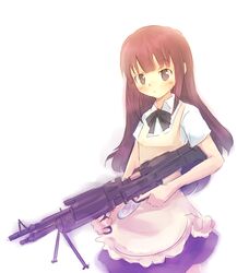  1girl apron drawfag gun long_hair looking_at_viewer m60 machine_gun purple_hair ribbon simple_background sketch solo tagme waitress weapon white_background working!! yamada_aoi 