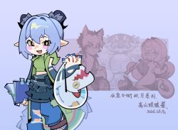  1boy 2girls animal_ears blue_hair blue_nails blue_skirt book commentary_request denim dog_boy dog_ears goat_girl goat_horns goat_tail green_jacket green_tank_top greyscale holding holding_book horns jacket jeans komano_manato lucia_elowen monochrome multiple_girls open_clothes open_jacket pants short_hair skirt smile tail tank_top tentacle_girl tentacle_tail torn_clothes torn_jeans torn_pants washan yidhari_murphy zenless_zone_zero 