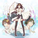  3girls ahoge bare_shoulders black_hair brown_hair detached_sleeves glasses hair_ornament hairband hiei_(kantai_collection) highres japanese_clothes kantai_collection kirishima_(kantai_collection) kongou_(kantai_collection) long_hair multiple_girls mumyuu nontraditional_miko personification short_hair skirt thighhighs 