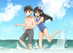  1boy 1girl aged_down alternate_costume antenna_hair aubrey_(faraway)_(omori) aubrey_(omori) barefoot black_eyes black_hair black_swim_trunks blue_one-piece_swimsuit blue_sky blush bow bright_pupils clouds collarbone commentary_request day dendenmushi1064 grin hair_bow hands_on_another's_shoulders highres long_hair looking_at_another male_swimwear ocean omori one-piece_swimsuit outdoors pink_bow short_hair sidelocks sky smile sunny_(omori) swim_trunks swimsuit teeth topless_male water white_pupils 